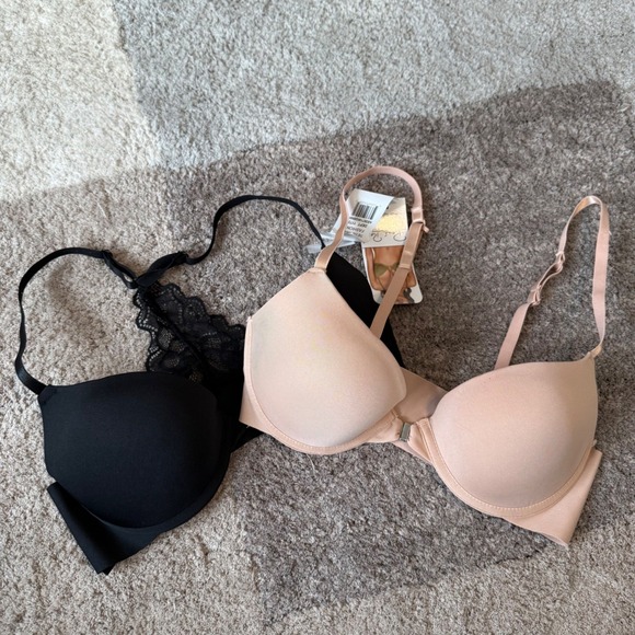 Rene Rofe 2 Demi Slight Push Up Bras 36B Front Close Lace Racerback Nude Black - Picture 1 of 9